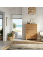 Cômoda Acapulco 5 Gavetas em Madeira Maciça com Rattan | Cor cera natural 
